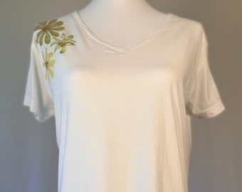 ECO PRINTED V Neck T Shirt RELAXED Fit, Color White, w/ Hammered Cosmos and Zinnia Flowers, Size Medium #1