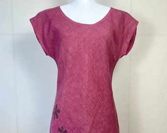 ECO PRINTED Linen Bias Cut Cap Sleeve Sleeve Aline Dress in Mesa, w/ hammered Cosmos Flowers, Size Medium