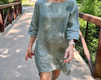 ECO PRINTED Linen Tunic / Mini Dress with Gathered Pockets and Hammered Flowers, Color Muir, Size Large