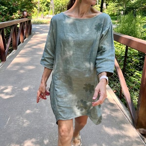 Size Large ECO PRINTED Linen Tunic / Mini Dress with Gathered Pockets and Hammered Flowers Color Muir