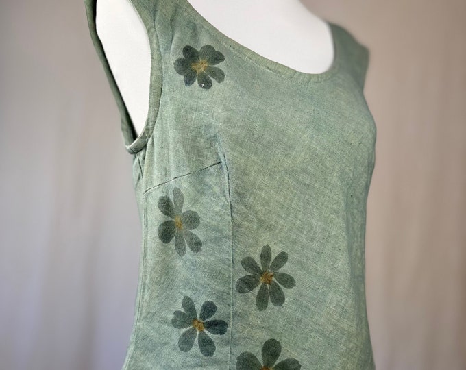 Featured listing image: ECO PRINTED Linen Bias Cut Wing Cap Sleeve Top in Muir, with Hammered Cosmos Flowers, Size Medium