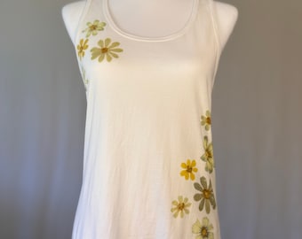 ECO PRINTED Tank Yoga Top Semi RelaxedFit, Color White, w/ Hammered Cosmos and Zinnia Flowers, Size Large #3 Bella Canvas Brand