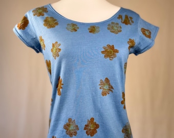 ECO PRINTED Scoop Neck T Shirt Lagoon, Size Medium