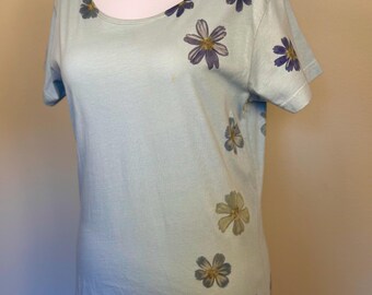 ECO PRINTED Scoop Neck T Shirt RELAXED Fit, Color Stinson, w/ Hammered Red Cosmos, Size Large