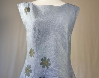 ECO PRINTED Linen Bias Cut Retro Drop Sleeve Top in Bolinas, w/ hammered Cosmos Flowers, Size Medium