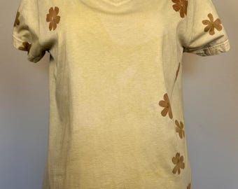ECO PRINTED V Neck T Shirt RELAXED Fit, Color Headlands, w/ Hammered Sulphur Cosmos, Size Large