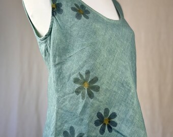 ECO PRINTED Linen Bias Tank Inverness, w/ hammered Cosmos Flowers, Size Medium