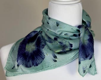 ECO PRINTED Mulberry Silk Scarf, Hand Dyed in Fresh Indigo and printed with Black Hollyhock Flowers and Scabiosa