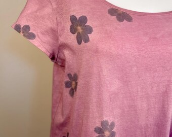 ECO PRINTED Scoop Neck T Shirt RELAXED Loose Box Fit, Color Mesa, w/ Hammered Red Cosmos, Size Medium