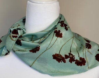 ECO PRINTED Silk Scarf, Hand Dyed and printed with Plains Coreopsis Flowers, Color Fresh Indigo #113