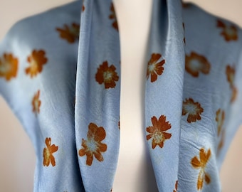 Large Mulberry Silk Scarf, Hand Dyed, ECO PRINTED with Sulphur Cosmos flowers, Lagoon