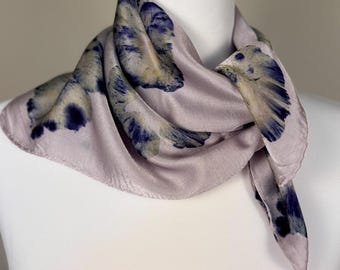 ECO PRINTED Mulberry Silk Scarf, Hand Dyed in the Color Fog and printed with Black Hollyhock Flowers