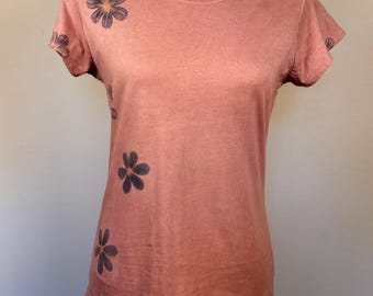 ECO PRINTED Ring Neck T Shirt RELAXED Fit, Color Redwoods, w/ Hammered Red Cosmos, Size Medium