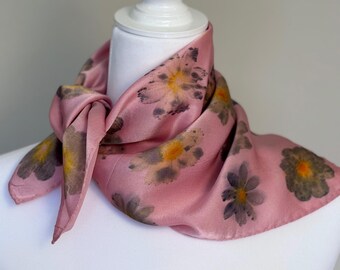 ECO PRINTED Silk Scarf, Hand Dyed and printed with Red Stripe Cosmos, Color Mesa #119