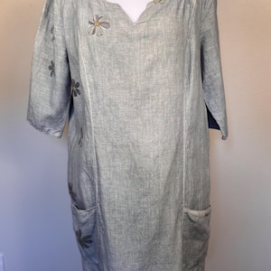 Size Large ECO PRINTED Linen Straight Line Paneled Tunic/Dress with Pockets and  Hammered Red Cosmos Flowers,  Color Fog