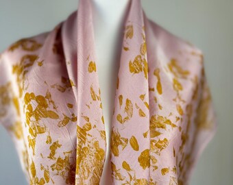 Large Mulberry Silk Scarf, Hand Dyed, ECO PRINTED with Marigold Petals, Light Mesa