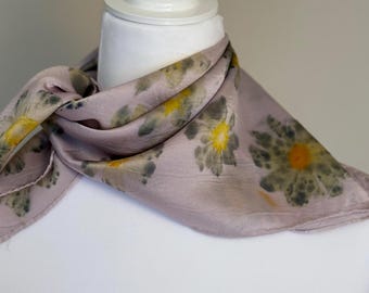 ECO PRINTED Silk Scarf, Hand Dyed and printed with Red Stripe Cosmos, Color Fog #119