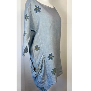 Size Large ECO PRINTED Linen Tunic / Mini Dress with Gathered Pockets and Hammered Flowers,  Color Bolinas