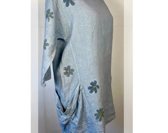 ECO PRINTED Linen Tunic / Mini Dress with Gathered Pockets and Hammered Flowers, Color Bolinas, Size Large