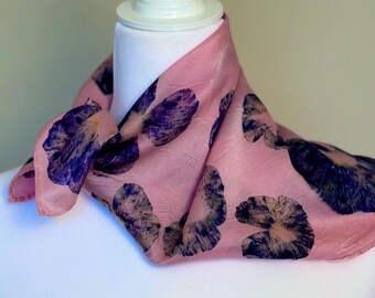 ECO PRINTED Silk Scarf, Hand Dyed and printed with Black Hollyhock, Color Mesa #120