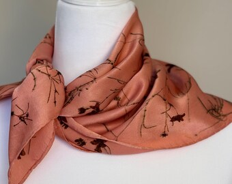 ECO PRINTED Silk Scarf, Hand Dyed and printed with Coreopsis Verticillata Flowers, Color Redwood #115