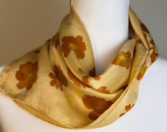 ECO PRINTED Mulberry Silk Scarf, Hand Dyed, with Orange Sulphur Cosmos  Flowers, Marys Gold