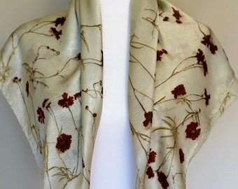 ECO PRINTED Large Mulberry Silk Scarf, Hand Dyed with Plains Coreopsis Flowers, Color Inverness #123