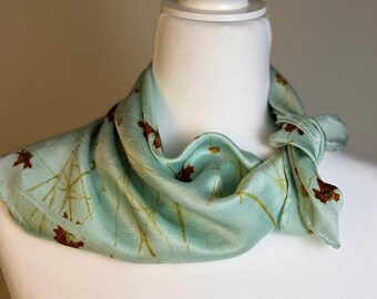 ECO PRINTED Mulberry Silk 22x22 Scarf, Hand Dyed, Coreopsis Flowers, Color Fresh Indigo