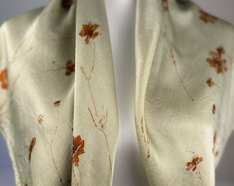 Large Mulberry Silk Scarf, Hand Dyed, ECO PRINTED with Dyers Coreopsis Flowers, Sage