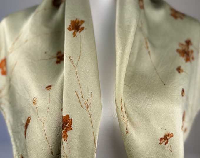 Featured listing image: Large Mulberry Silk Scarf, Hand Dyed, ECO PRINTED with Dyers Coreopsis Flowers, Sage