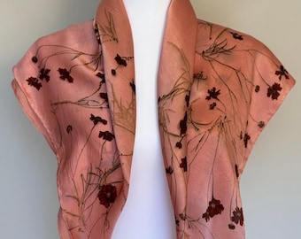 ECO PRINTED Large Mulberry Silk Scarf, Hand Dyed with Plains Coreopsis Flowers, Color Redwood #121