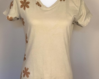 ECO PRINTED V Neck T Shirt RELAXED Fit, Color Headlands, w/ Hammered Sulphur Cosmos, Size Small