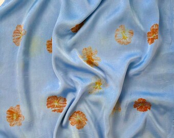 ECO PRINTED Silk Charmeuse Pillowcase, Hand Dyed, Sulphur Cosmos Flowers, Lagoon