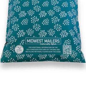 May include: A teal blue mailing bag with a white polka dot pattern. The bag has a white label with the text "MIDWEST MAILERS - Sustainably Stylish." and a QR code. The label also includes a small logo with the text "ECO-CONSCIOUS MATERIALS".