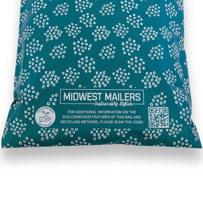 May include: A teal blue mailing bag with a white polka dot pattern. The bag has a white label with the text "MIDWEST MAILERS - Sustainably Stylish." and a QR code. The label also includes a small logo with the text "ECO-CONSCIOUS MATERIALS".