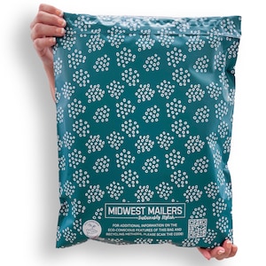 May include: A teal blue poly mailer with a white polka dot pattern. The mailer has the text "MIDWEST MAILERS - Sustainably Stylish" and a QR code.