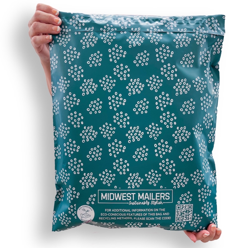 May include: A teal blue poly mailer with a white polka dot pattern. The mailer has the text "MIDWEST MAILERS - Sustainably Stylish" and a QR code.