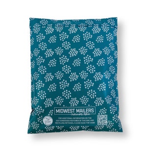May include: A teal blue mailing envelope with a white polka dot pattern. The envelope has a white label with the text "MIDWEST MAILERS - Sustainably Stylish." and a QR code.