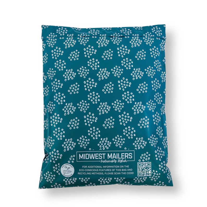 May include: A teal blue mailing envelope with a white polka dot pattern. The envelope has a white label with the text "MIDWEST MAILERS - Sustainably Stylish." and a QR code.