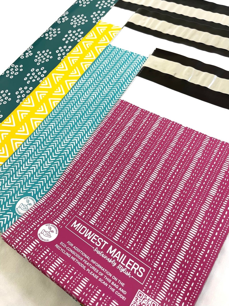 May include: A stack of colourful patterned mailing envelopes with the text "Midwest Mailers Sustainably Stylish" and a QR code. The text below the logo reads "For additional information on the eco-conscious features of this bag and recycling methods, please scan the code!"