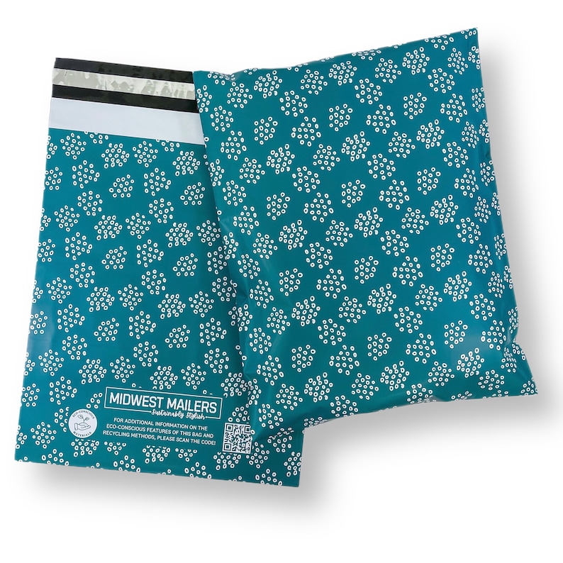 May include: Two teal blue poly mailers with a white polka dot pattern. The mailers have a white label with the text "MIDWEST MAILERS - Sustainably Stylish" and a QR code.