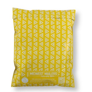 May include: A yellow poly mailer with a white geometric pattern. The mailer has a label that says "Midwest Mailers - Sustainably Stylish" and includes a QR code. For additional information on the eco-conscious features of the bag and recycling methods, please scan the code.