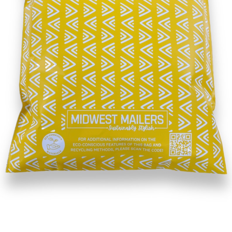 May include: Yellow mailing envelope with a white chevron pattern and the text "MIDWEST MAILERS - Sustainably Stylish -" and a QR code. The envelope has a green eco-conscious materials logo.