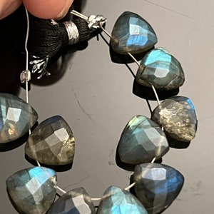 May include: A strand of dark gray triangular labradorite gemstone beads with iridescent blue and green flashes. The beads are strung on a silver wire with a black tassel at the end.