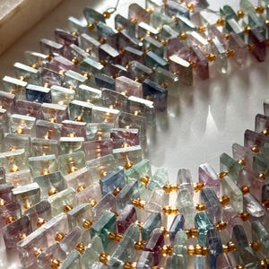 May include: A close-up of a necklace made of colorful, rectangular gemstones. The gemstones are in shades of purple, green, blue, and clear, strung together with gold-colored beads. The necklace is displayed on a white surface.