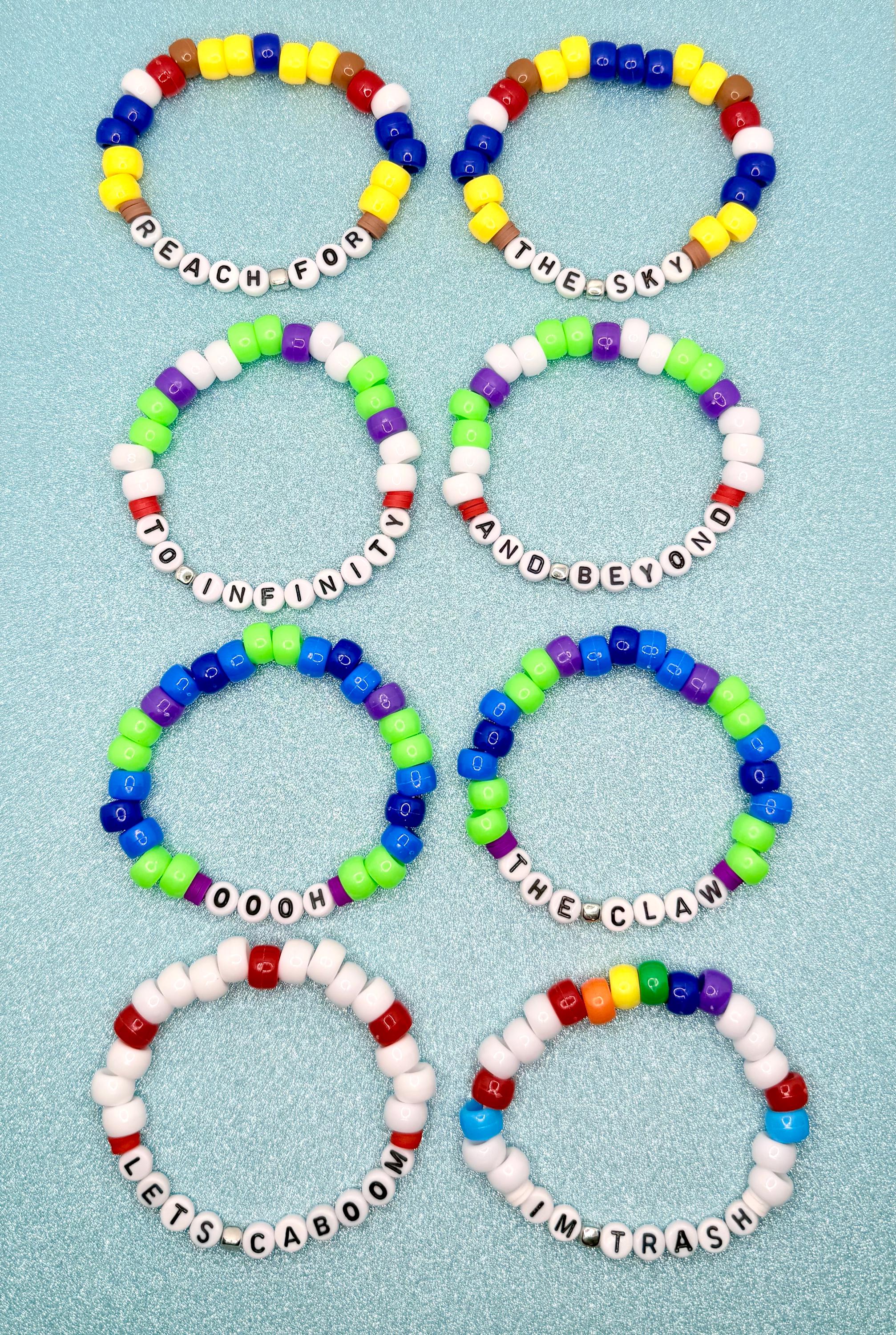 Handmade friendship beaded bracelets - stacking stretch - inspired by Toy Story - Favorite Deputy - To Infinity and Beyond - The Claw