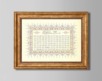 Puede incluir: Una impresión enmarcada de caligrafía islámica en un marco dorado. La caligrafía está en tinta negra sobre un fondo crema con acentos rojos y azules. El texto está en árabe y dice "Allah".