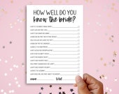 How Well Do You Know the Bride Bridal Shower Party Games - Classic Theme Who Knows the Bride Best Printable Game - Digital File Games