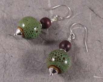 Green Porcelain and Wood Earrings