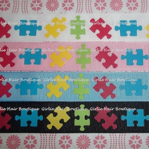 7/8&quot; Autism Ribbon Autism Awareness Ribbon Grosgrain Ribbon 1 yd Ribbon By the Yard Awareness Ribbon Puzzle Piece Ribbon